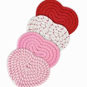 Heart-Shaped Woven Coasters- Set of 4 Red, White, Pink